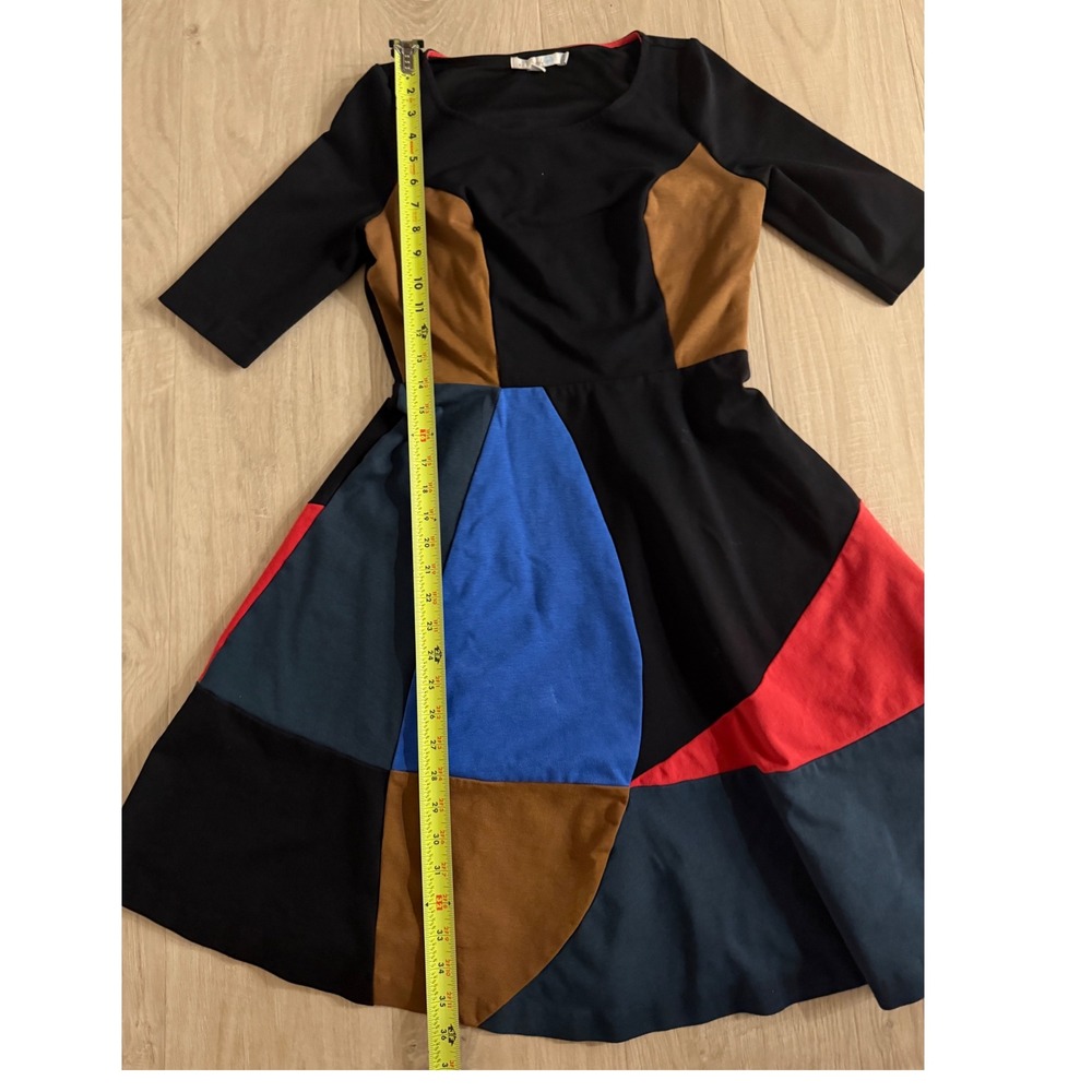 Boden Colorblock Fit Flare Dress Womens 6 Black Multi Geometric Jersey Knit - Picture 4 of 9